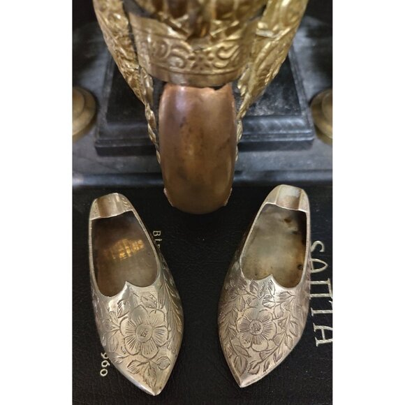Set Of Vintage Brass Asian Slippers | Etched | Shelf Decor - Picture 2 of 10